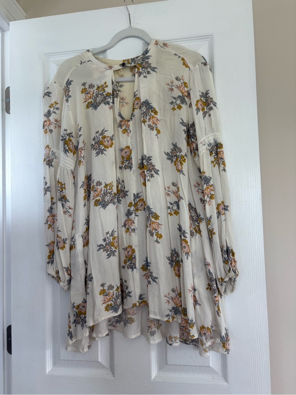Free People Cream Floral Tie-Neck Blouse